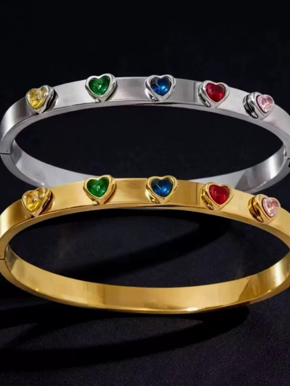 Gold and Silver Heart Gem Bangle Set - Multicolor Heart Charm Braceletso - Picture 2 of 5